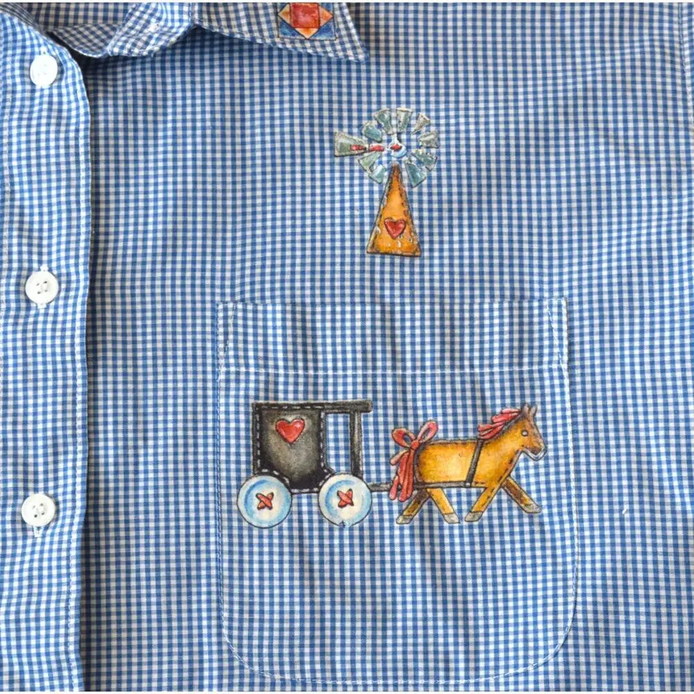 Vintage Gingham Shirt with Amish Folk Art Wagon & Quilt Block Prints - Picture 3 of 6